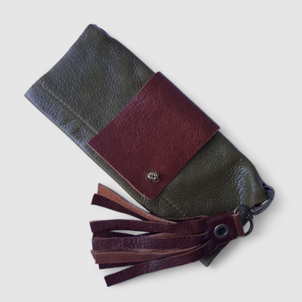 Artisan Clutch Tassel Wallet Charm Supple Calfskin Green Brown Leather Boho
